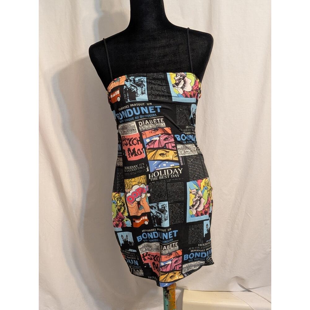 Shein Comic Book Print Spaghetti Strap Mini Bodycon Dress Sz L